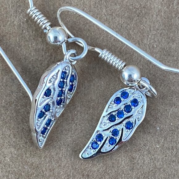 Blue Sapphire 925 Solid Sterling Silver Wing Earrings - Picture 2 of 4